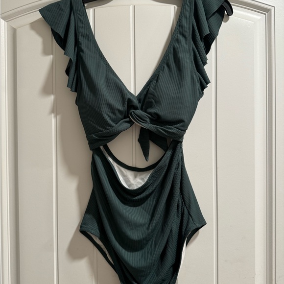 PinkBlush green ribbed, cutout flutter one piece maternity swimsuit - Picture 6 of 6